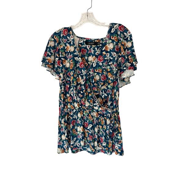 Ralph Lauren Black Label Stretch V-Neck Faux Wrap Blue Ruffle Blouse Medium - Picture 1 of 13